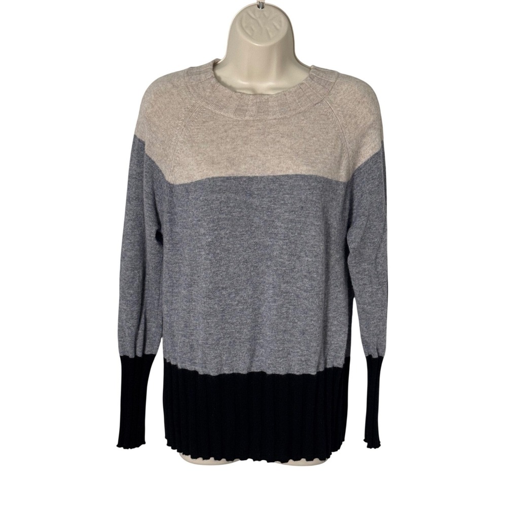 Griffen Cashmere Wool Blend Pullover Color Block Sweater Grey Tan Sz L Preppy